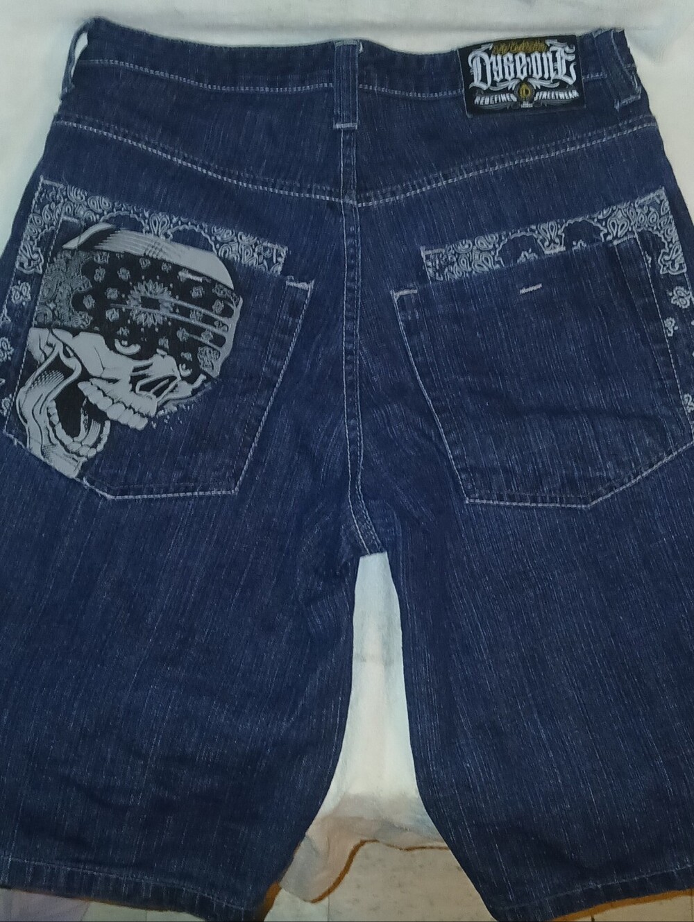 2000's Dyse One Men's Mediun Wash Blue Denim Jorts w/ Bandana And Skull Accents